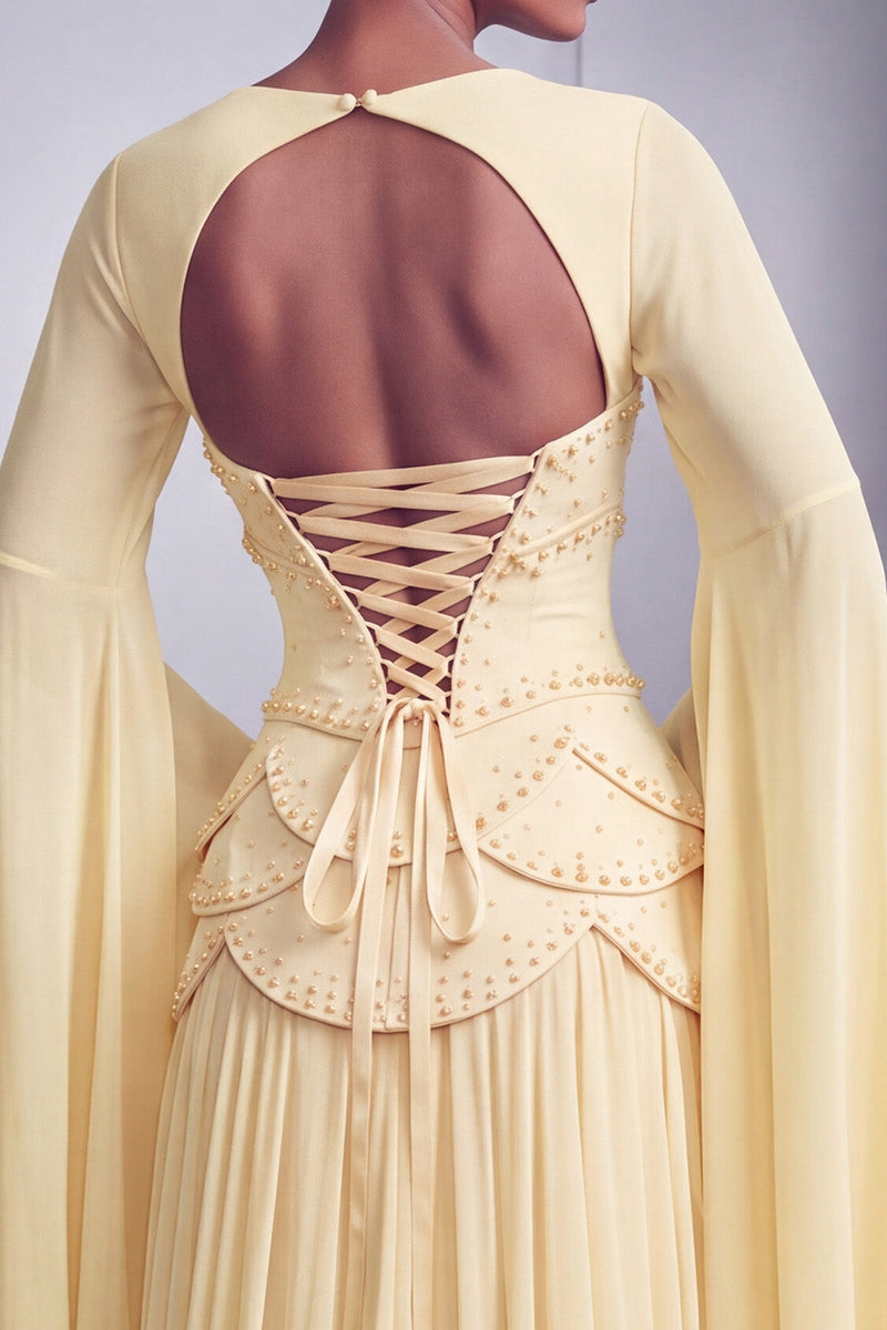 Load image into Gallery viewer, Blush Ruffled Beaded A Line Corset Long Sleeves Prom Dress
