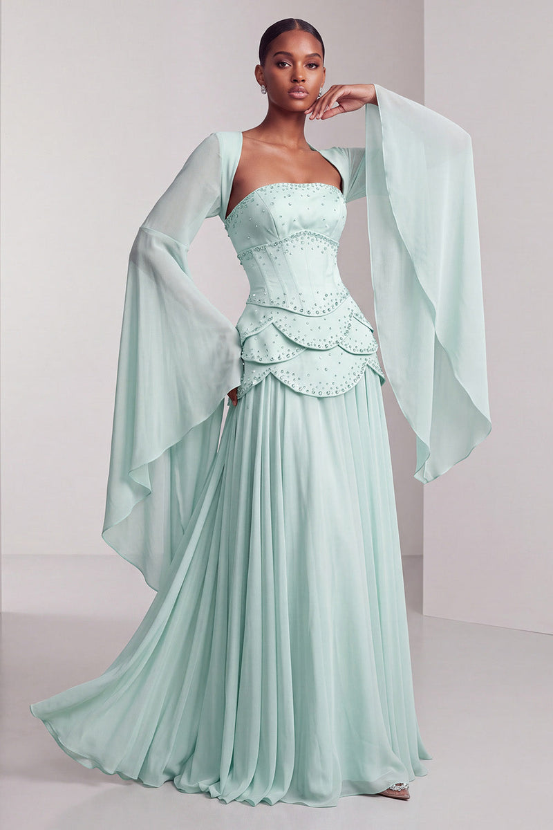 Load image into Gallery viewer, Blush Ruffled Beaded A Line Corset Long Sleeves Prom Dress