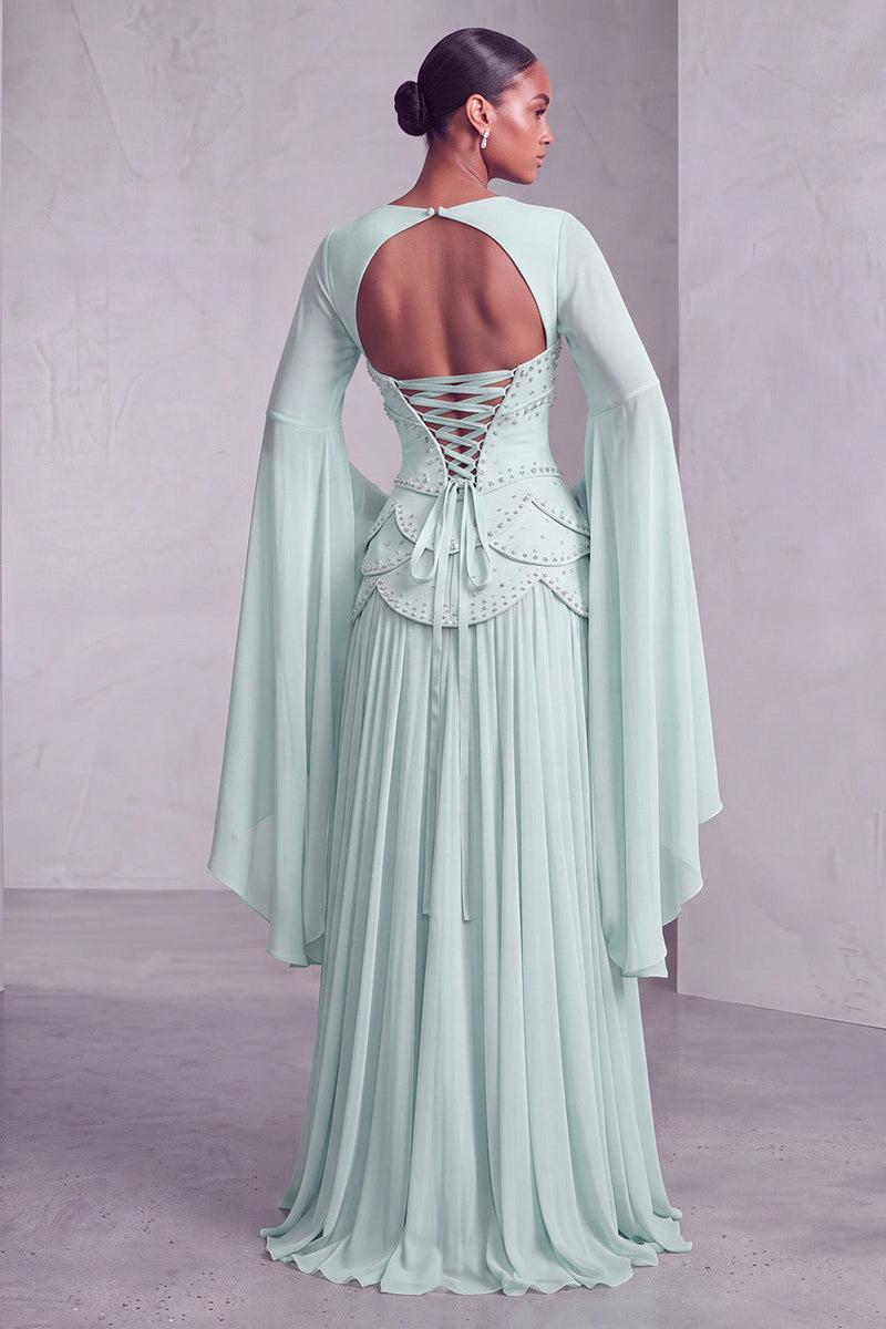 Load image into Gallery viewer, Blush Ruffled Beaded A Line Corset Long Sleeves Prom Dress