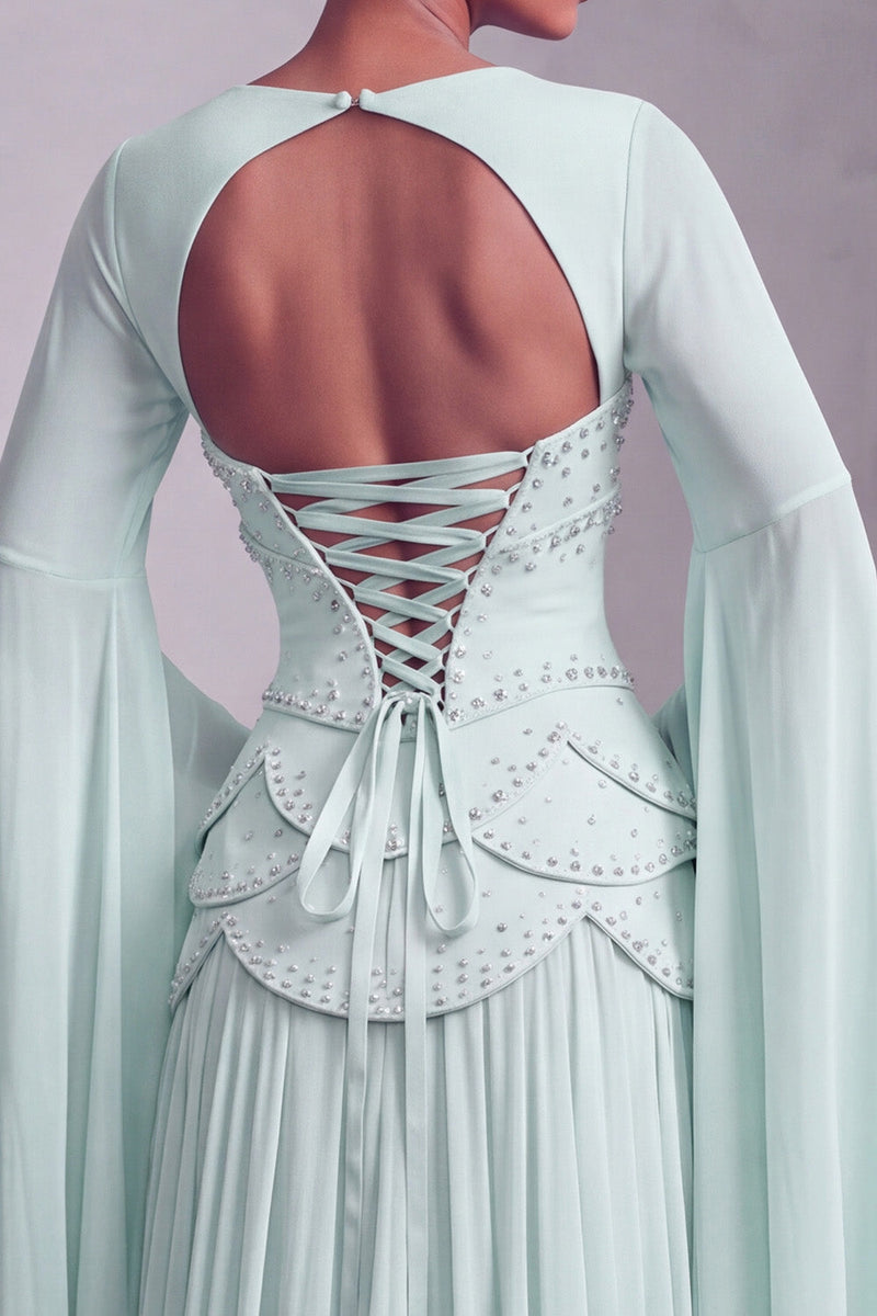 Load image into Gallery viewer, Blush Ruffled Beaded A Line Corset Long Sleeves Prom Dress