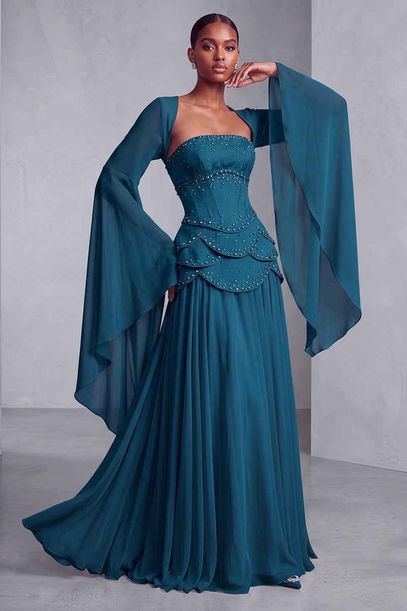 Load image into Gallery viewer, Blush Ruffled Beaded A Line Corset Long Sleeves Prom Dress