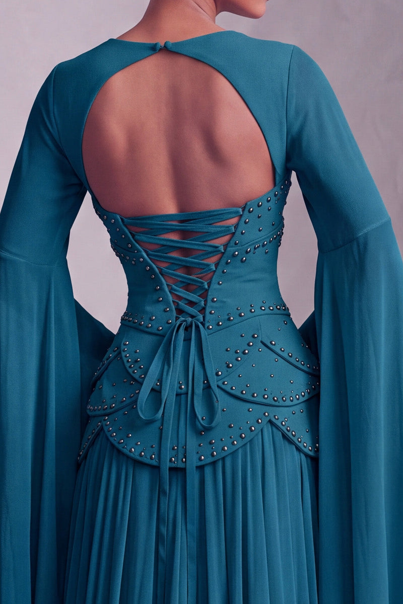 Load image into Gallery viewer, Blush Ruffled Beaded A Line Corset Long Sleeves Prom Dress