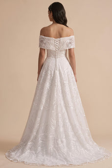 Sparkly White Floral A-Line Beaded Long Wedding Dress