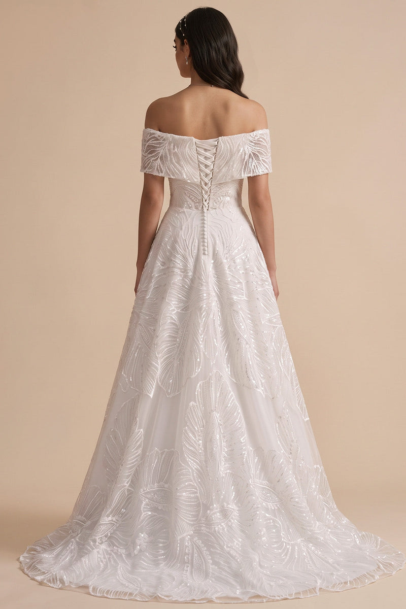 Load image into Gallery viewer, Sparkly White Floral A-Line Beaded Long Wedding Dress
