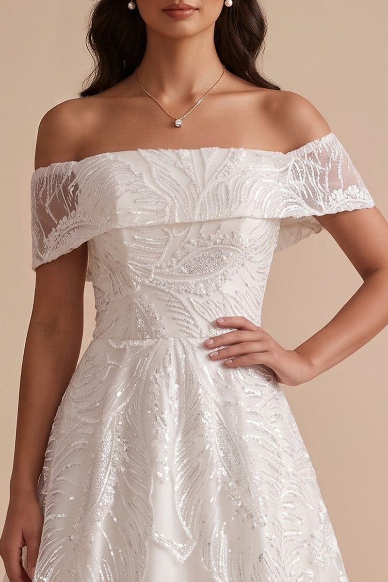 Load image into Gallery viewer, Sparkly White Floral A-Line Beaded Long Wedding Dress