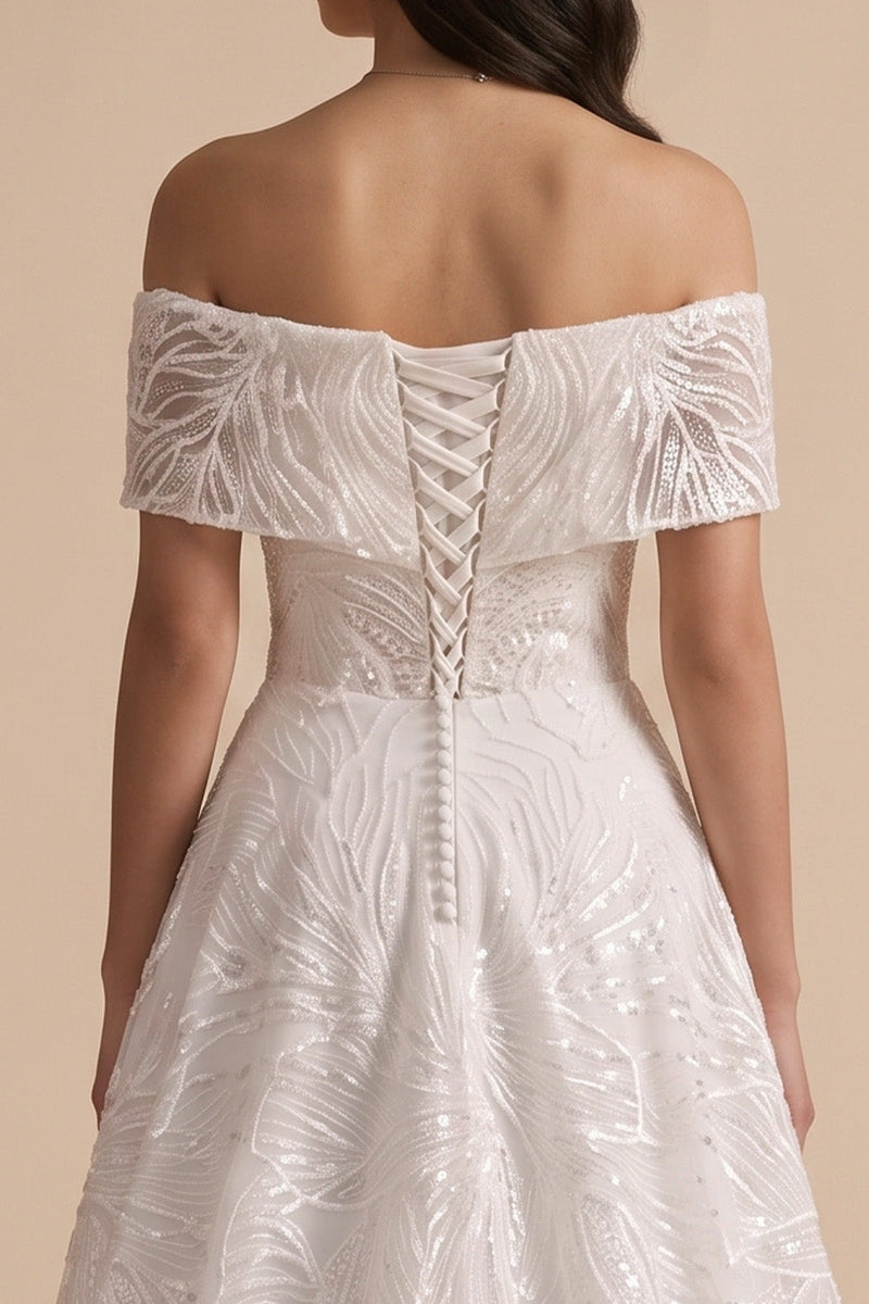 Load image into Gallery viewer, Sparkly White Floral A-Line Beaded Long Wedding Dress