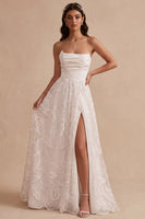 Load image into Gallery viewer, White Floral A-Line Strapless Ruched Long Wedding Dress with Slit