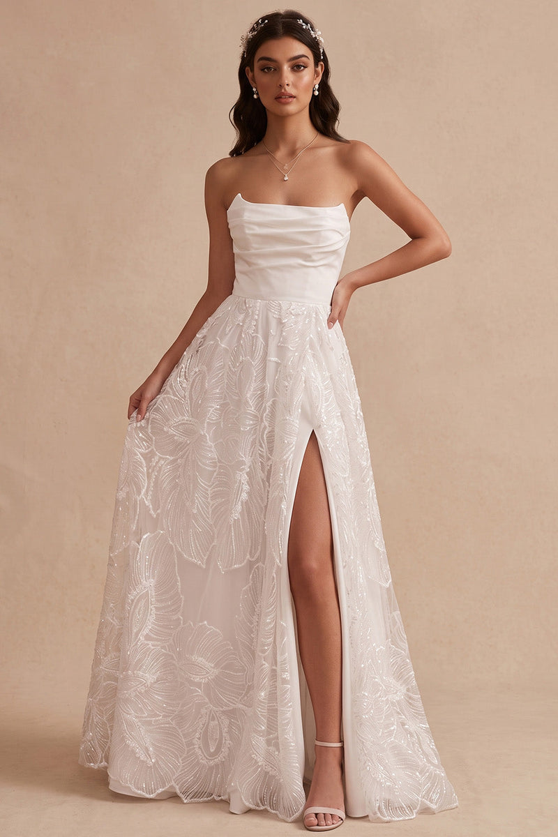 Load image into Gallery viewer, White Floral A-Line Strapless Ruched Long Wedding Dress with Slit