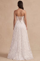 Load image into Gallery viewer, White Floral A-Line Strapless Ruched Long Wedding Dress with Slit