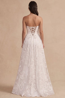 White Floral A-Line Strapless Ruched Long Wedding Dress with Slit