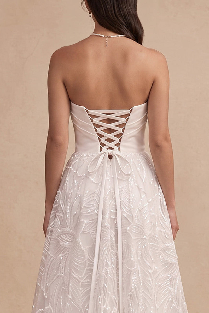Load image into Gallery viewer, White Floral A-Line Strapless Ruched Long Wedding Dress with Slit