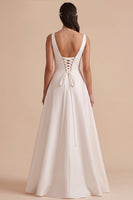 Load image into Gallery viewer, Simple White A-Line V-Neck Ruched Long Wedding Dress