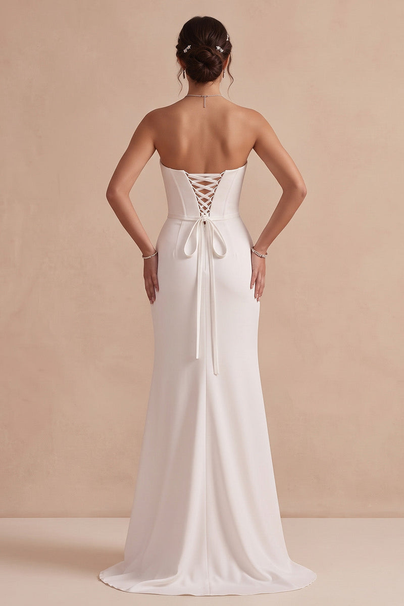 Load image into Gallery viewer, White Corset Strapless Ruched Sweep Train Wedding Dress with Slit