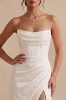Load image into Gallery viewer, White Corset Strapless Ruched Sweep Train Wedding Dress with Slit