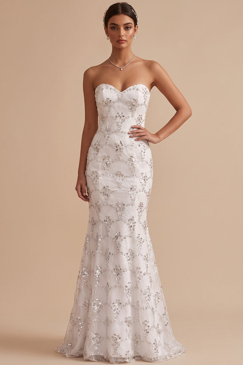Load image into Gallery viewer, Sparkly White Mermaid Sweetheart Sequins Long Wedding Dress