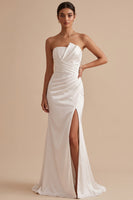 Load image into Gallery viewer, White Satin Mermaid Ruched Sweep Train Wedding Dress with Slit