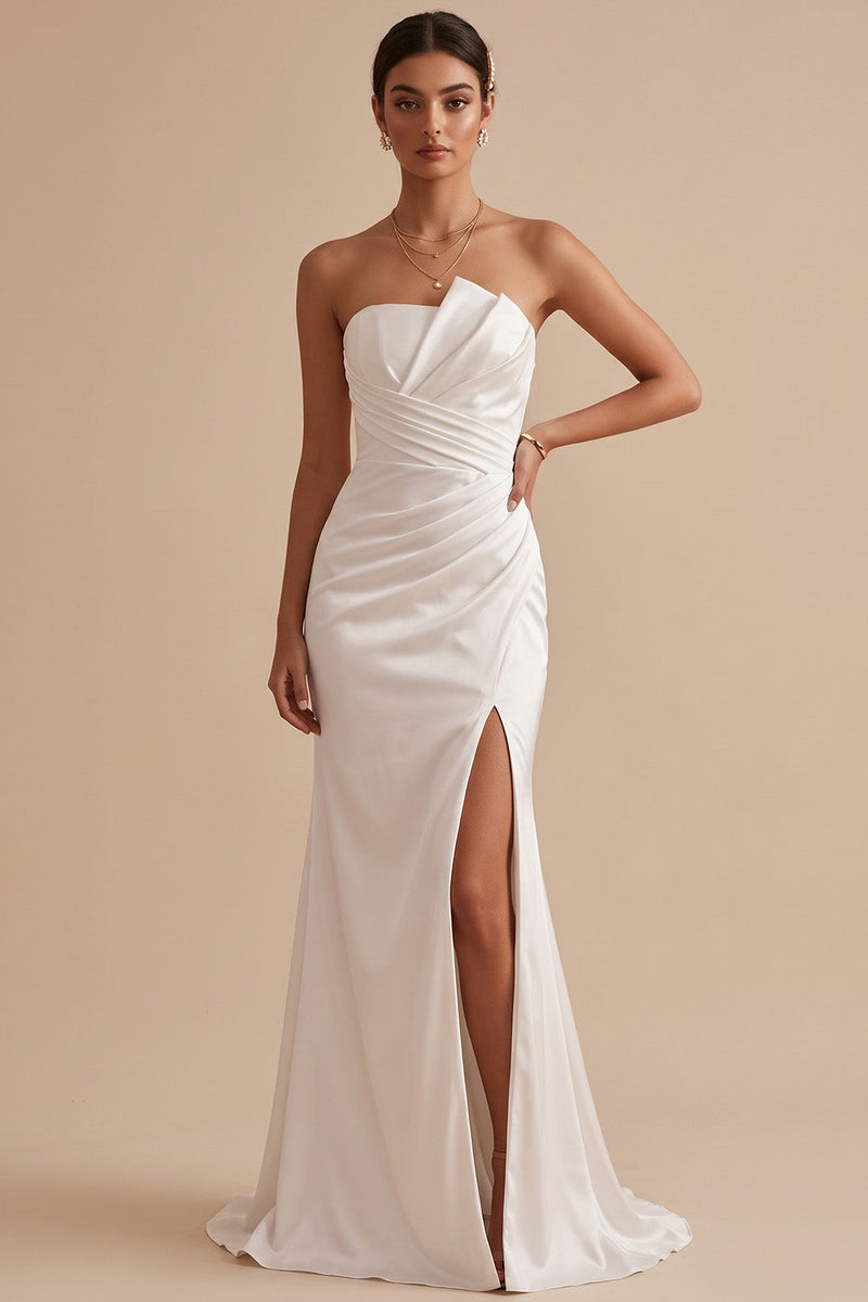 Load image into Gallery viewer, White Satin Mermaid Ruched Sweep Train Wedding Dress with Slit