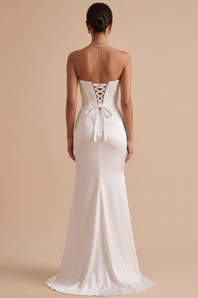 Load image into Gallery viewer, White Satin Mermaid Ruched Sweep Train Wedding Dress with Slit