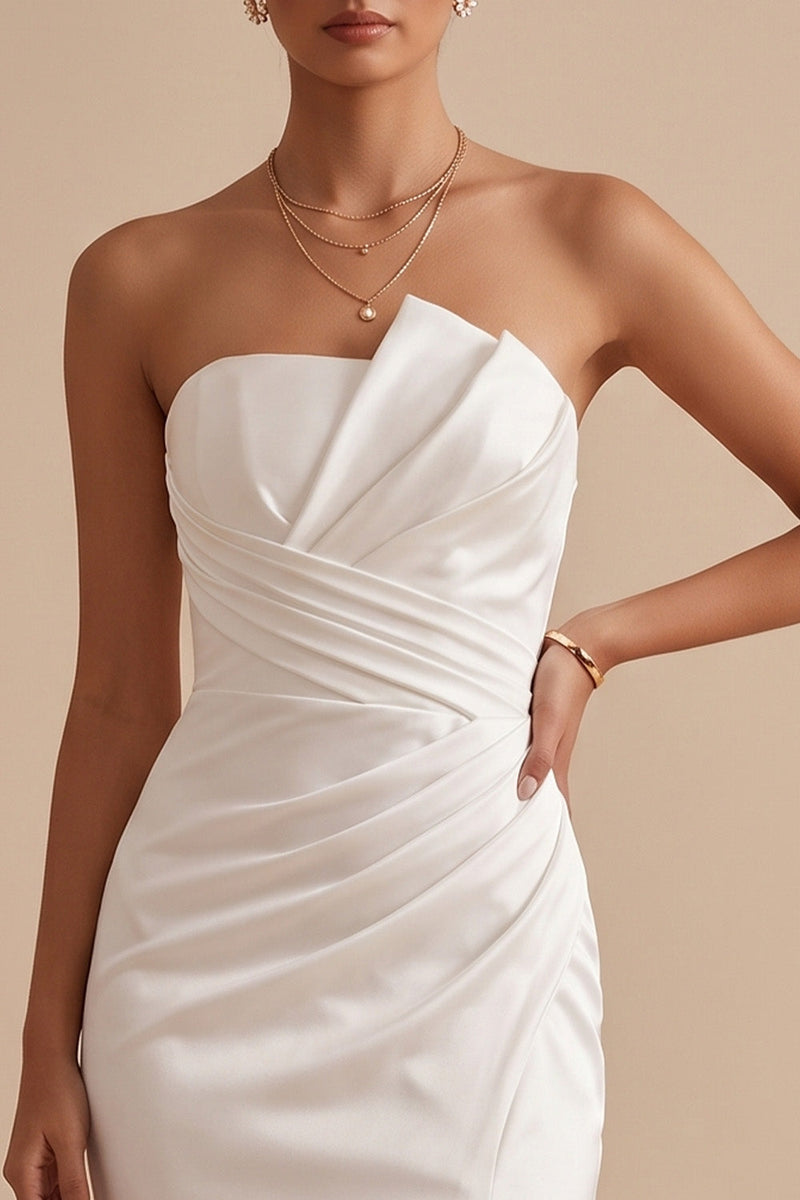 Load image into Gallery viewer, White Satin Mermaid Ruched Sweep Train Wedding Dress with Slit