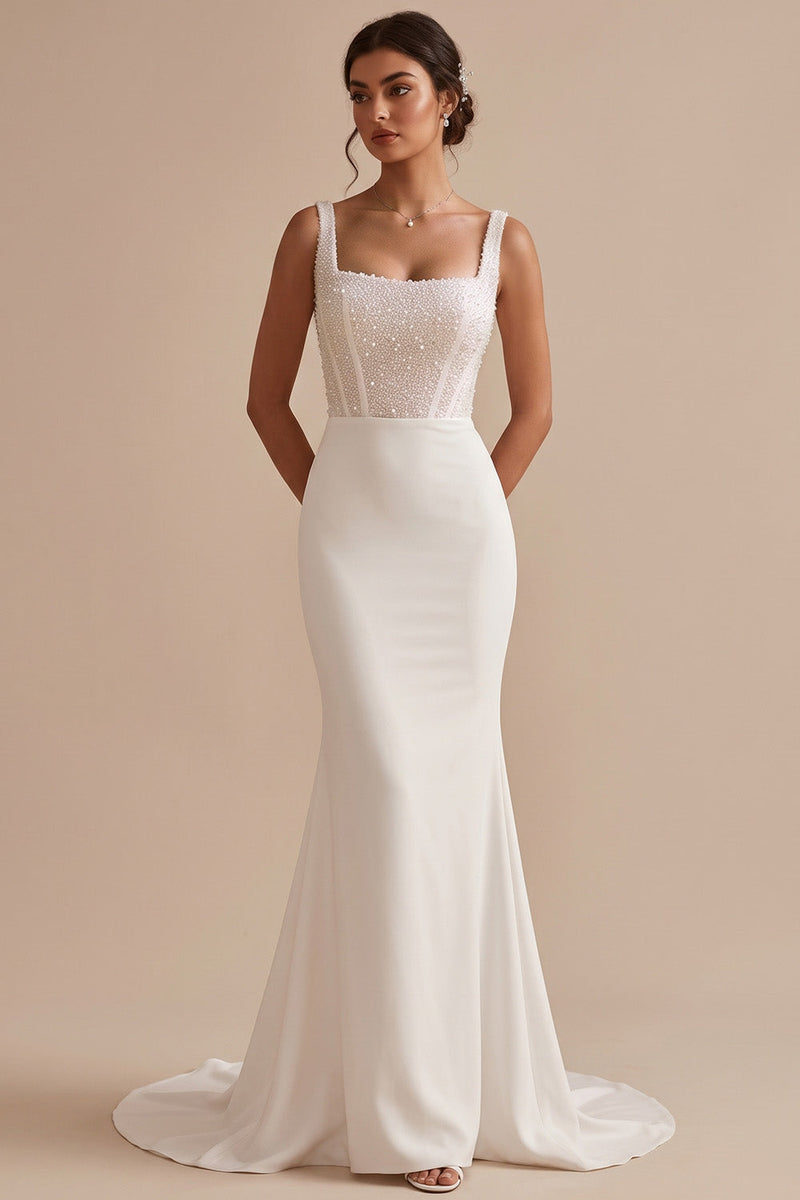 Load image into Gallery viewer, Sparkly Corset White Mermaid Beaded Square Neck Sweep Train Wedding Dress