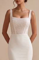 Load image into Gallery viewer, Sparkly Corset White Mermaid Beaded Square Neck Sweep Train Wedding Dress