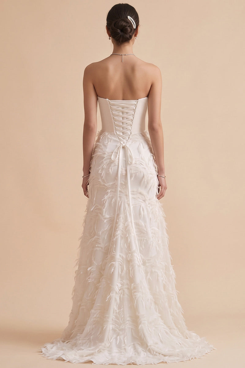 Load image into Gallery viewer, White A-Line Strapless Feathered Sweep Train Wedding Dress
