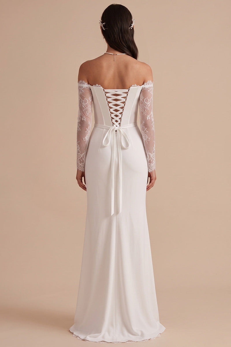 Load image into Gallery viewer, White Mermaid Corset Ruched Long Wedding Dress with Lace