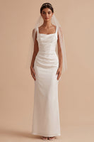 Load image into Gallery viewer, White Satin Mermaid Square Neck Ruched Long Wedding Dress with Neck Scarf