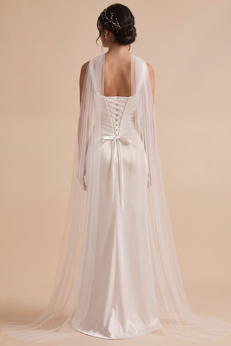 Load image into Gallery viewer, White Satin Mermaid Square Neck Ruched Long Wedding Dress with Neck Scarf
