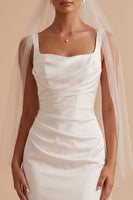 Load image into Gallery viewer, White Satin Mermaid Square Neck Ruched Long Wedding Dress with Neck Scarf
