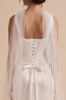 Load image into Gallery viewer, White Satin Mermaid Square Neck Ruched Long Wedding Dress with Neck Scarf
