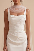 Load image into Gallery viewer, White Satin Mermaid Square Neck Ruched Long Wedding Dress with Neck Scarf
