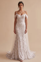 Load image into Gallery viewer, Sparkly White Mermaid Beaded Cold Shoulder Sweep Train Wedding Dress with Sequins