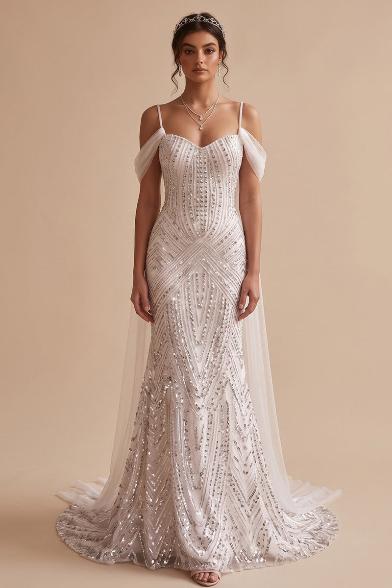 Load image into Gallery viewer, Sparkly White Mermaid Beaded Cold Shoulder Sweep Train Wedding Dress with Sequins