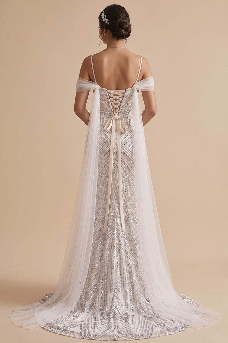 Load image into Gallery viewer, Sparkly White Mermaid Beaded Cold Shoulder Sweep Train Wedding Dress with Sequins