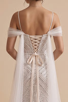 Load image into Gallery viewer, Sparkly White Mermaid Beaded Cold Shoulder Sweep Train Wedding Dress with Sequins