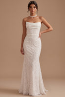 Load image into Gallery viewer, Sparkly Floral White Mermaid Strapless Sequins Ruched Sweep Train Wedding Dress