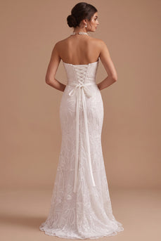Sparkly Floral White Mermaid Strapless Sequins Ruched Sweep Train Wedding Dress