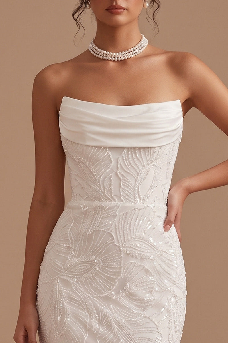 Load image into Gallery viewer, Sparkly Floral White Mermaid Strapless Sequins Ruched Sweep Train Wedding Dress