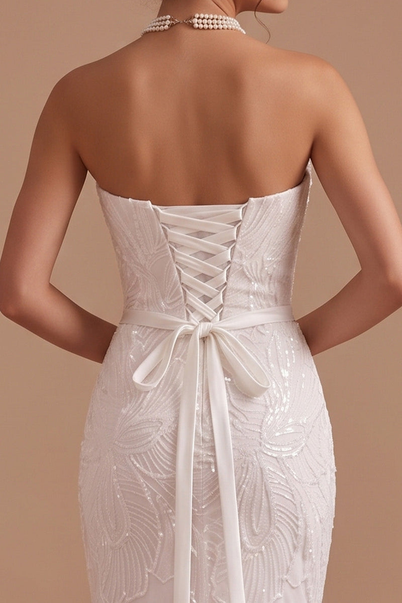 Load image into Gallery viewer, Sparkly Floral White Mermaid Strapless Sequins Ruched Sweep Train Wedding Dress