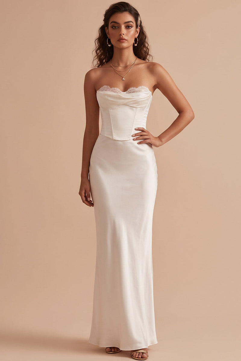 Load image into Gallery viewer, White Satin Corset Sweetheart Mermaid Long Wedding Dress with Lace