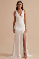 Load image into Gallery viewer, Simple White Satin V-Neck Ruched Sweep Train Wedding Dress with Slit