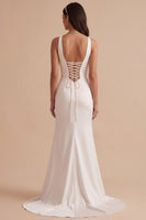 Load image into Gallery viewer, Simple White Satin V-Neck Ruched Sweep Train Wedding Dress with Slit