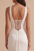 Load image into Gallery viewer, Simple White Satin V-Neck Ruched Sweep Train Wedding Dress with Slit