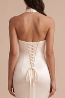 Load image into Gallery viewer, Mermaid White Halter Ruffled Satin Sweep Train Wedding Dress with Embroidery