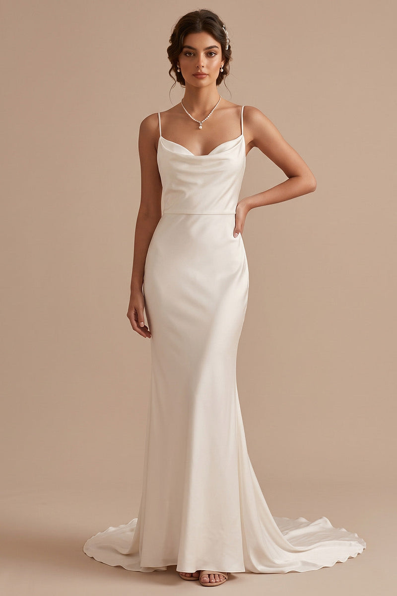 Load image into Gallery viewer, Simple White Satin Mermaid Cowl Neck Sweep Train Wedding Dress
