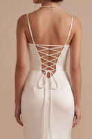 Load image into Gallery viewer, Simple White Satin Mermaid Cowl Neck Sweep Train Wedding Dress