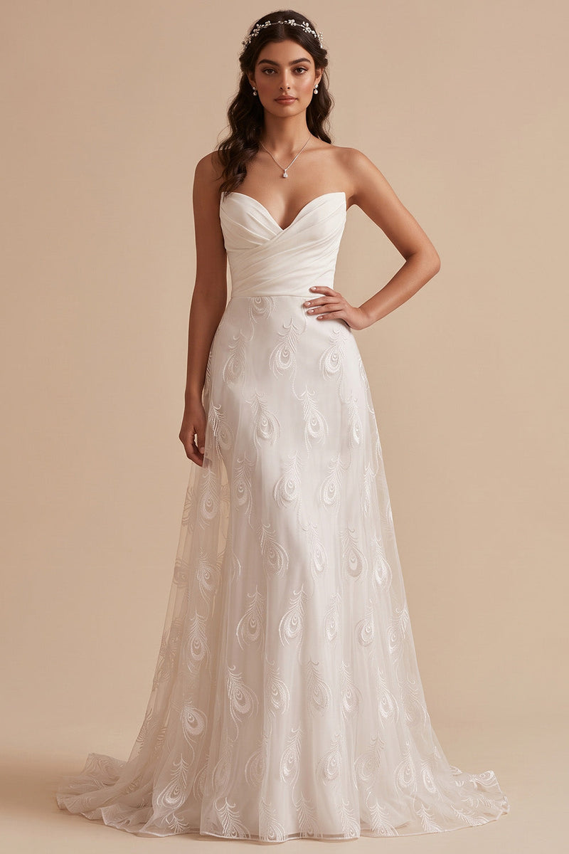 Load image into Gallery viewer, White Sweetheart Ruched Sweep Train Wedding Dress with Embroidery