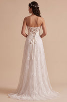 Load image into Gallery viewer, White Sweetheart Ruched Sweep Train Wedding Dress with Embroidery