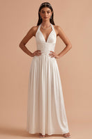 Load image into Gallery viewer, White Pleated A-Line Halter Satin Long Wedding Dress